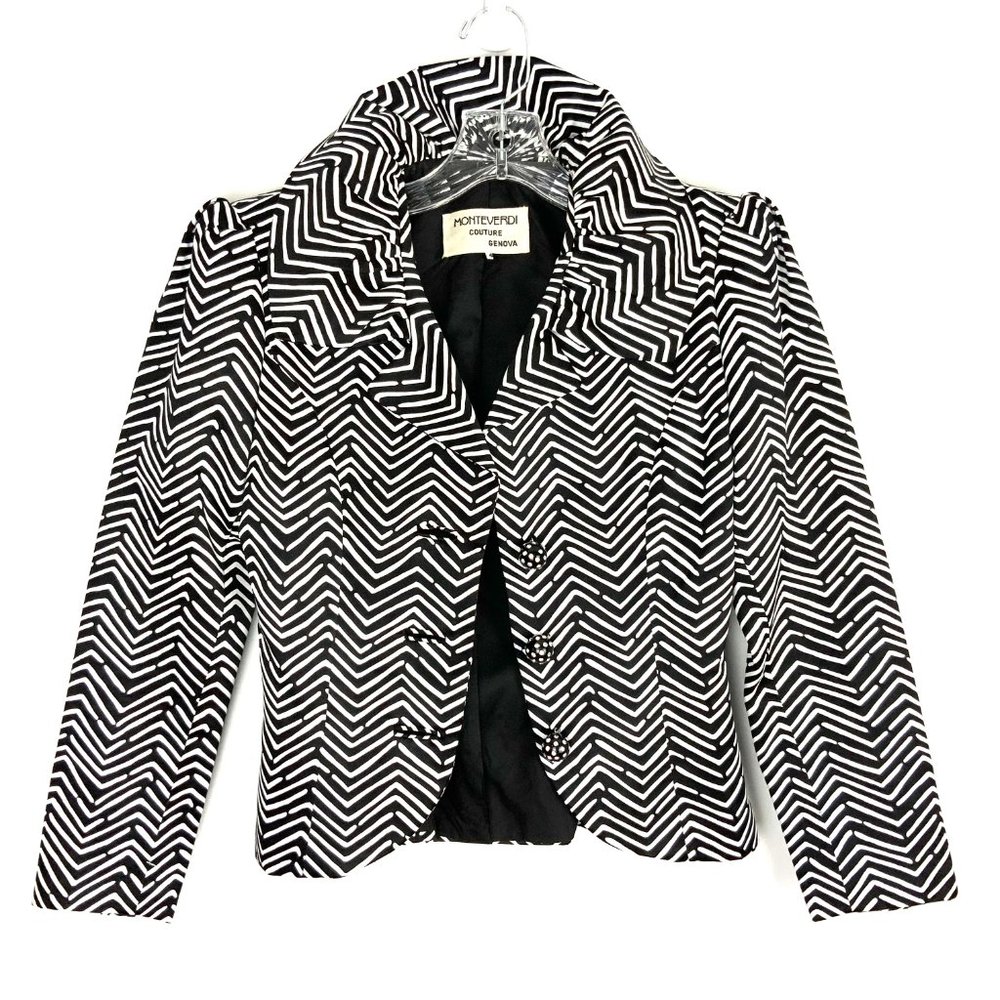 Vintage Monteverdi Couture Genova Luxury Silk Black & White Shevron Suit Sz 4 -2 - Picture 8 of 16